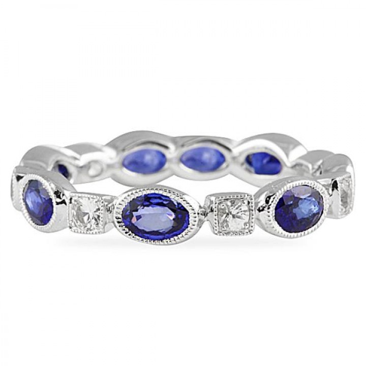 Bezel Set Oval Blue and White Sapphire Eternity Band flat