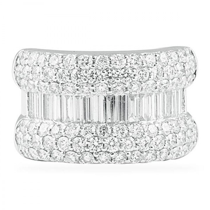 3.20 CT Round and Baguette Diamond Wide Wedding Band  front view white gold