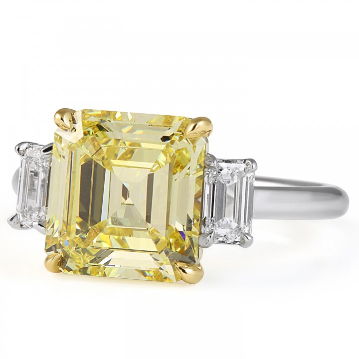 3.5 carat Yellow Asscher Cut Diamond Three-Stone Ring angle