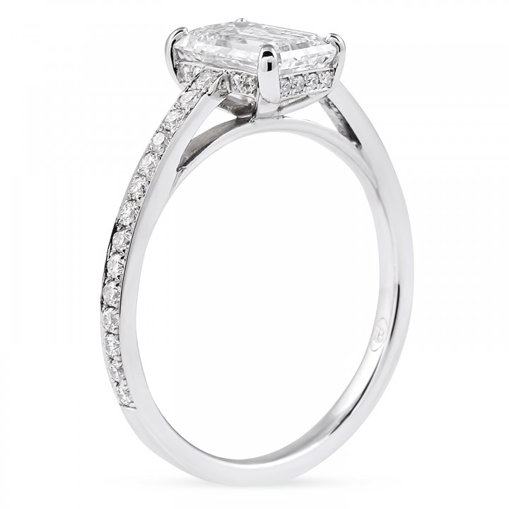 1.3 carat Emerald Cut Lab Diamond Bright Cut Pave Ring flat