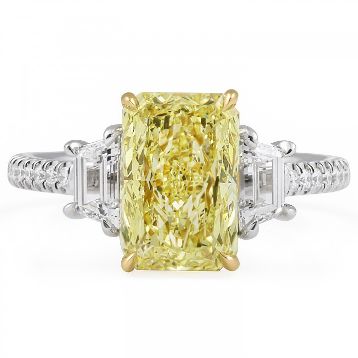 2.66 carat Fancy Light Yellow Radiant Diamond Three-Stone Ring flat