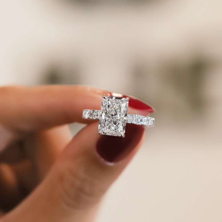 3.58 carat Radiant Cut Lab East-West Radiant Pave Ring flat