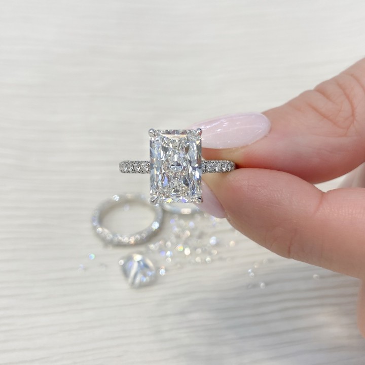 3.71 carat Radiant Cut Lab Diamond Hidden Halo Ring flat