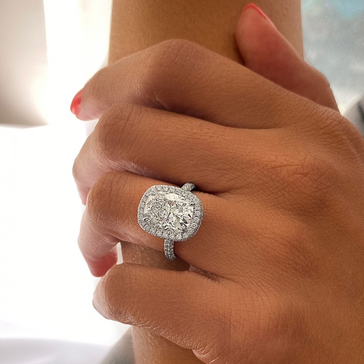 4.08 carat Cushion Lab Diamond Halo Three-Row Ring flat