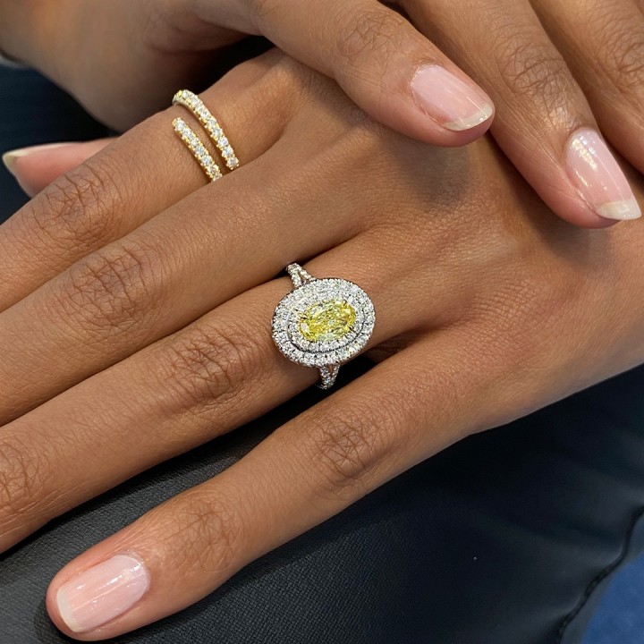 1.00ct Fancy Intense Yellow Oval Diamond Double Halo Ring front view