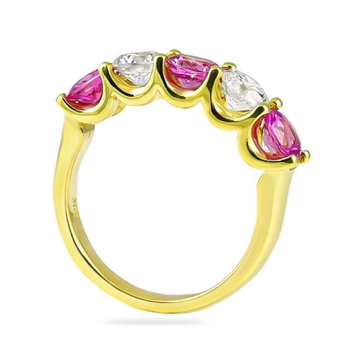 Pink Sapphire & Diamond Yellow Gold U-Shape Band flat