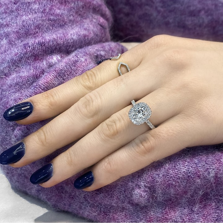 1.56ct Cushion Cut Lab Diamond Fishtail Halo Engagement Ring top