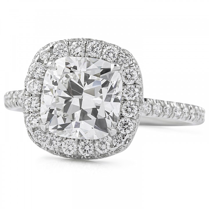 2.23 Carat Cushion Cut Lab Diamond Double Edge Halo Ring flat