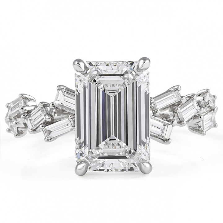 2.85 carat Emerald & Baguette Cut Lab Diamond Ring flat
