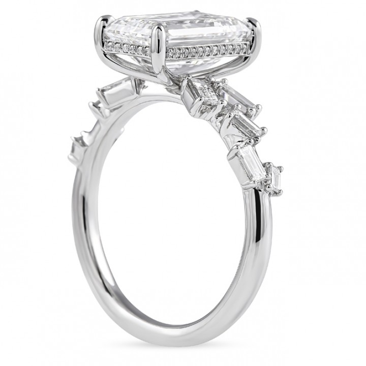 2.85 carat Emerald & Baguette Cut Lab Diamond Ring flat