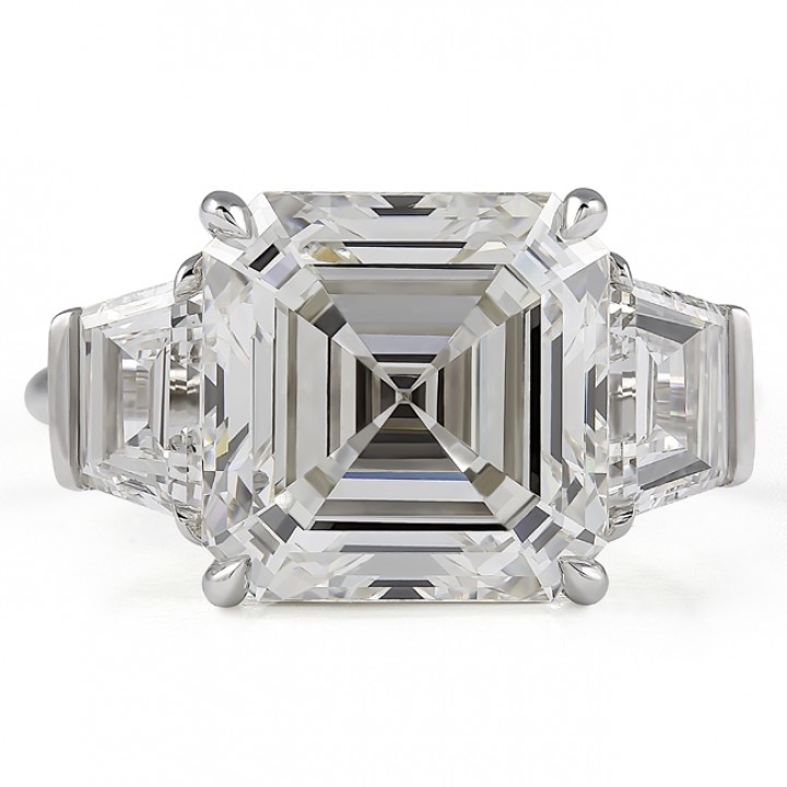 6.51 carat Asscher Cut Lab Diamond Three Stone Engagement Ring flat