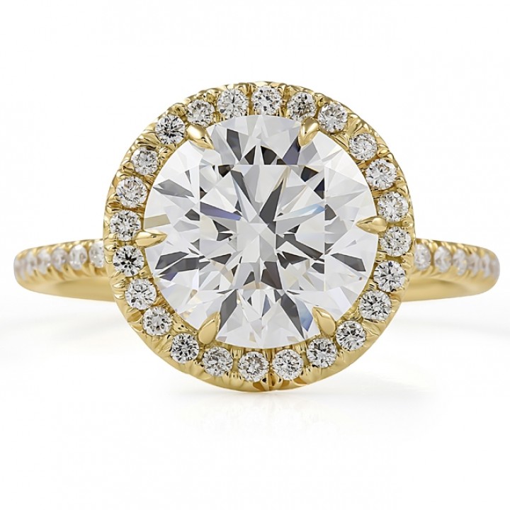 3.36 carat Round Lab Diamond Yellow Gold Halo Engagement Ring flat
