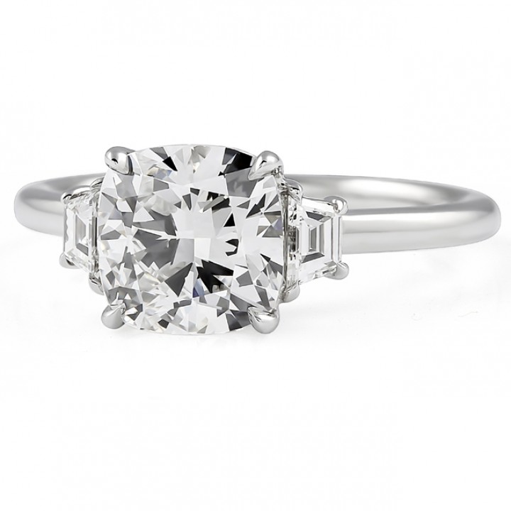 2 carat Cushion Cut Lab Diamond Three Stone Engagement Ring flat