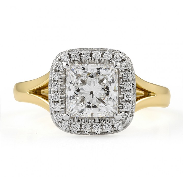 1.61 carat Princess Cut Lab Diamond Two-Tone Halo Split Ring flat