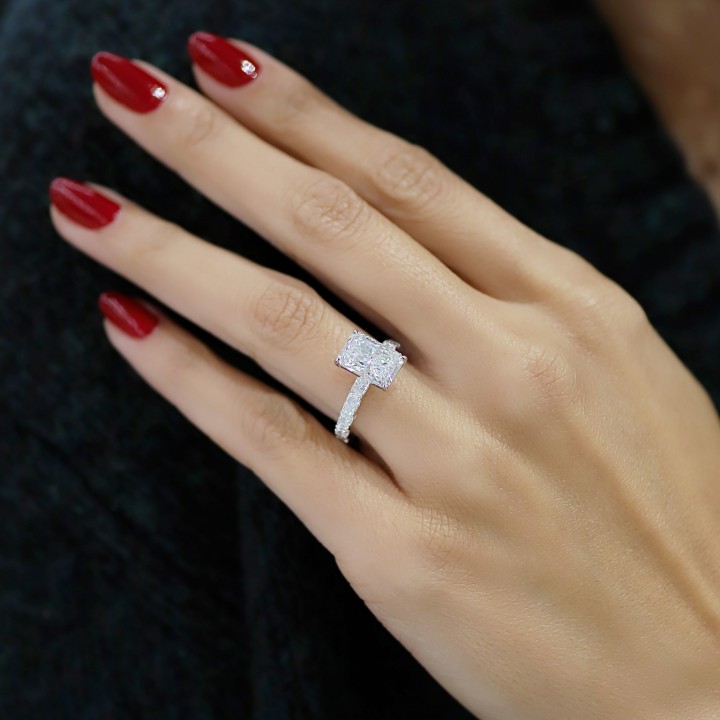 3.58 carat Radiant Cut Lab East-West Radiant Pave Ring flat