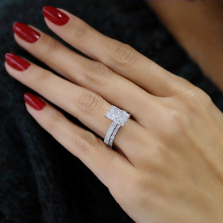 3.58 carat Radiant Cut Lab East-West Radiant Pave Ring flat