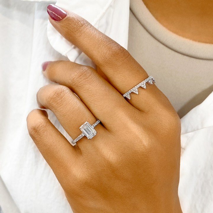 1.3 carat Emerald Cut Lab Diamond Bright Cut Pave Ring flat