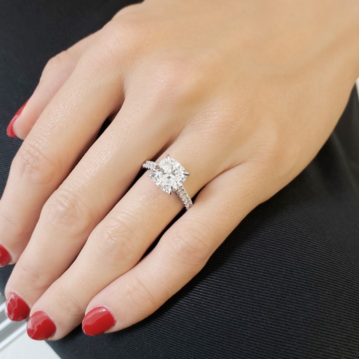 3.08 carat Cushion Lab Diamond Wide Pave Ring flat