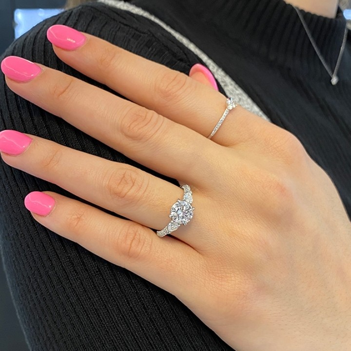 1.50ct Round Diamond Three-Stone & Pave Engagement Ring top