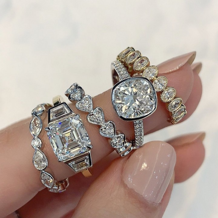 2.20 carat Asscher Cut Diamond Three-Stone Bezel Ring flat