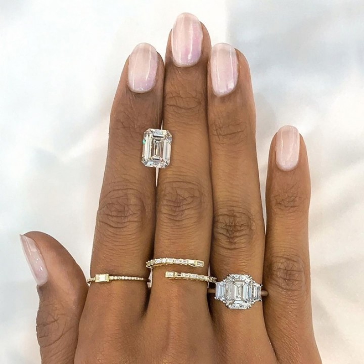 3.02ct Emerald Cut Diamond Three-Stone Engagement Ring flat