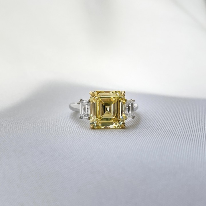 3.5 carat Yellow Asscher Cut Diamond Three-Stone Ring angle