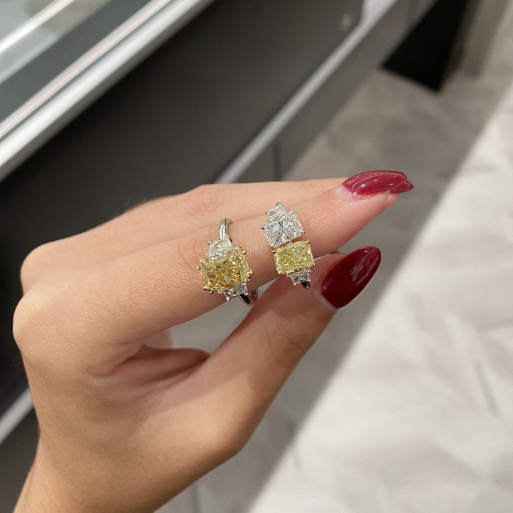 3.02 carat Yellow Radiant Cut Diamond Three-Stone Ring flat