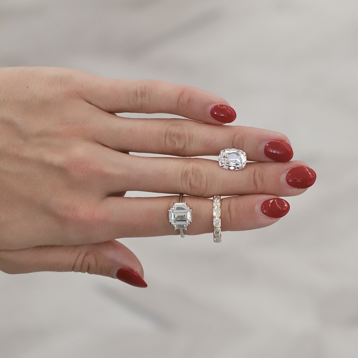 3.02ct Emerald Cut Diamond Three-Stone Engagement Ring flat