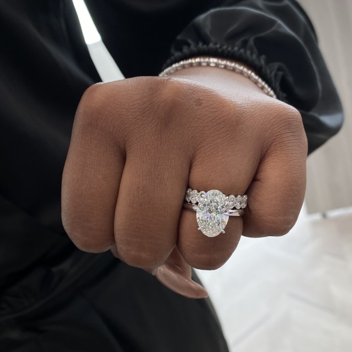 3 carat Oval Lab Diamond Low Profile Eternity White Gold Band flat