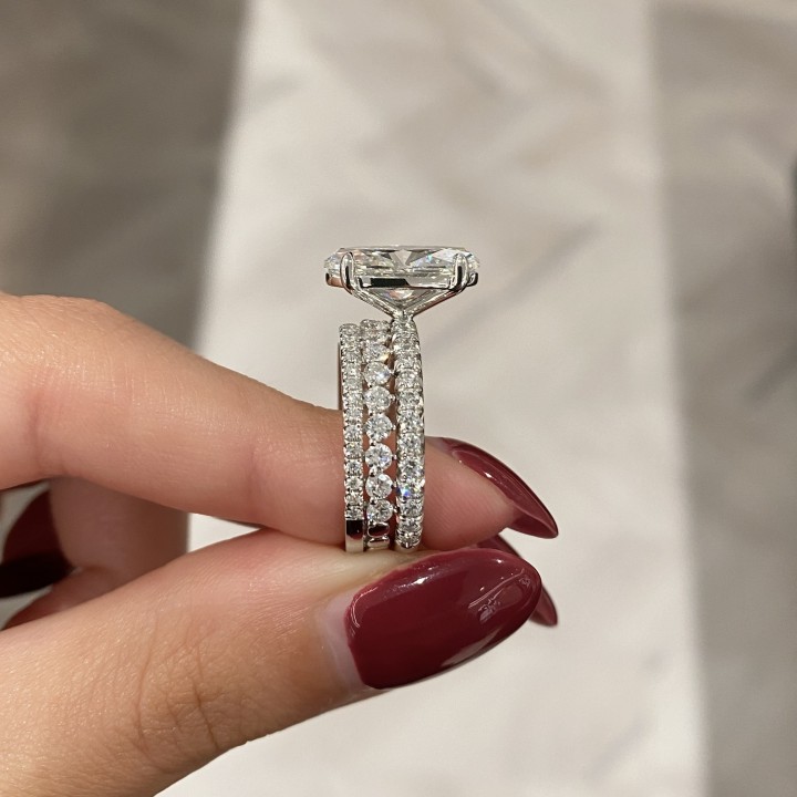 Two-Row Prong and Pave Halfway Wedding Band flat lay