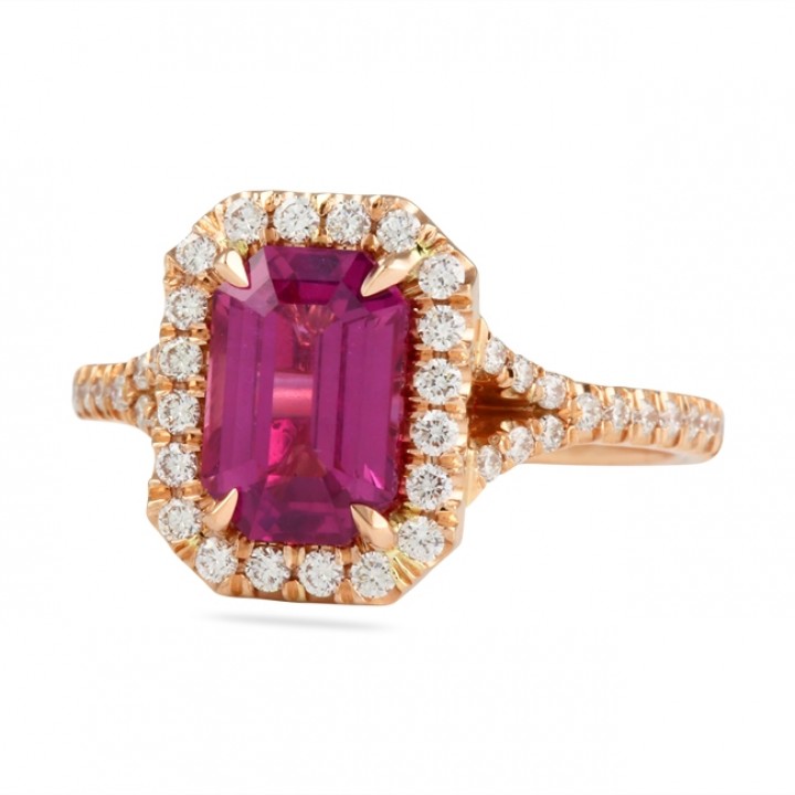 pink sapphire emerald cut rose gold halo