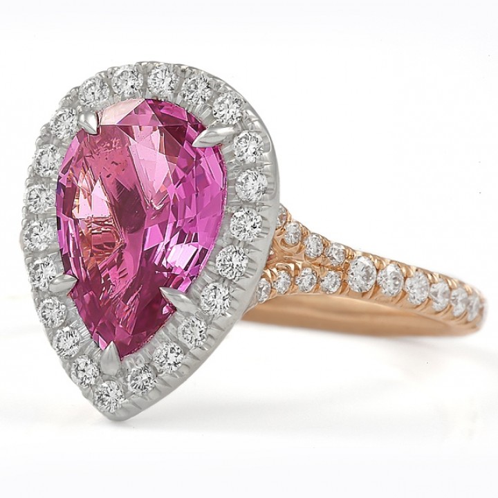 pink sapphire halo engagement ring with rose gold band