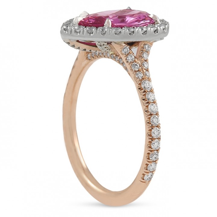 pink sapphire halo engagement ring with rose gold band