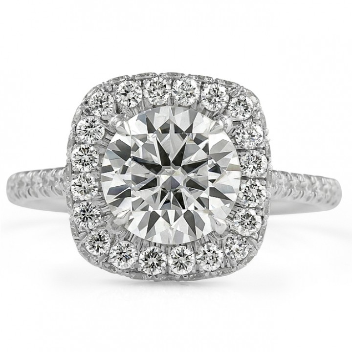 Round Moissanite in Cushion Halo Engagement Ring white gold pave diamond band