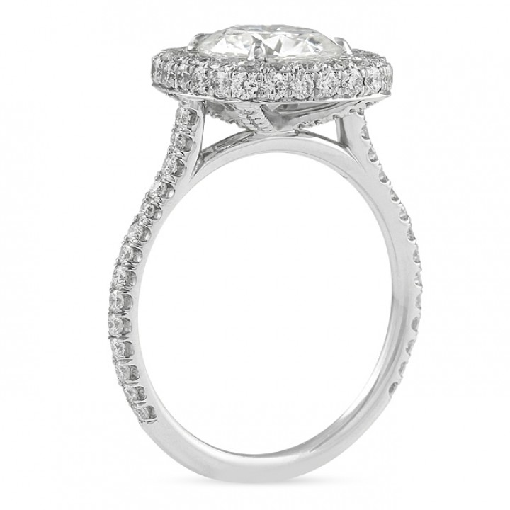 Round Moissanite in Cushion Halo Engagement Ring white gold pave diamond band