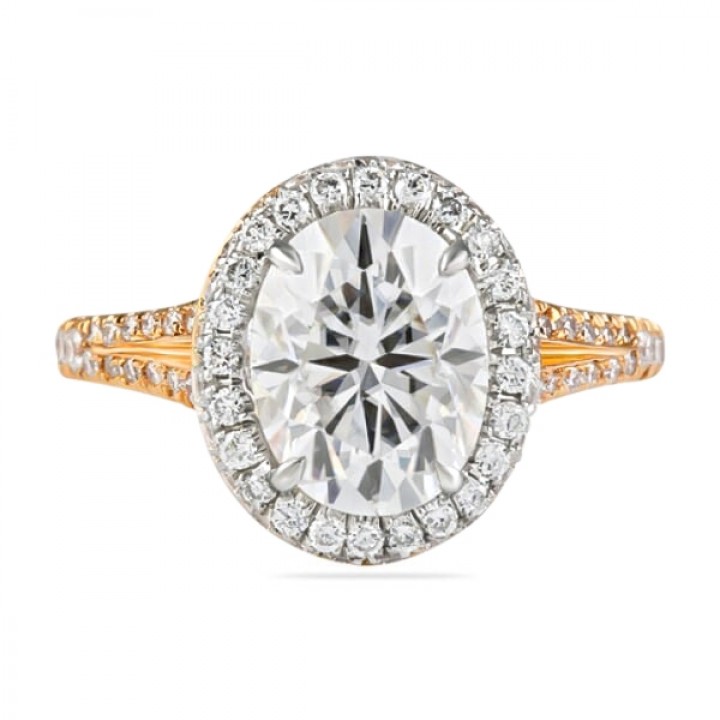 Oval Moissanite Rose Gold Two-Tone Halo Engagement Ring flat