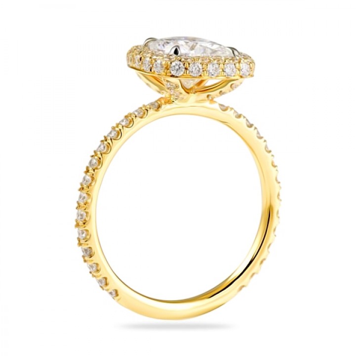 Cushion Cut Moissanite Yellow Gold Halo Engagement Ring flat