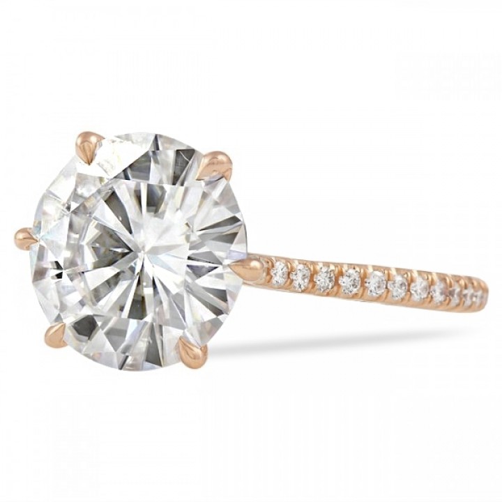 round moissanite rose gold six prong engagement ring