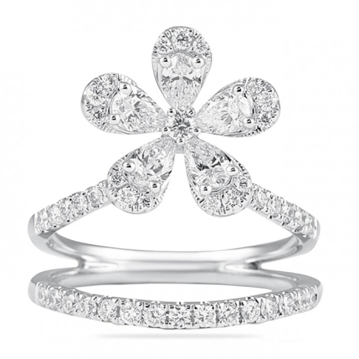 Pear and Round Diamond Flower Double Pave Band Ring front