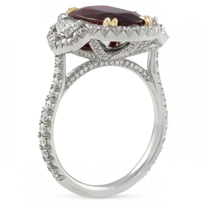 Ruby and Diamond Three-Stone Halo Engagement Ring flat