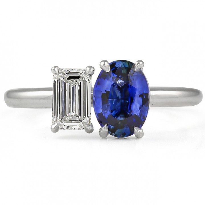 Oval Sapphire and Emerald Cut Diamond Duo Ring front view 14 karat white gold