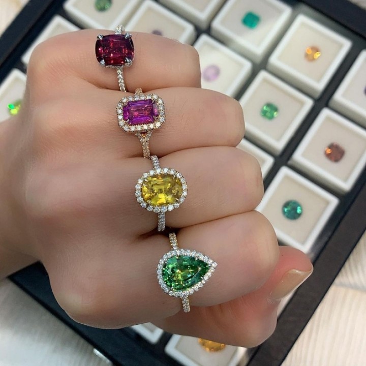 pink sapphire emerald cut rose gold halo