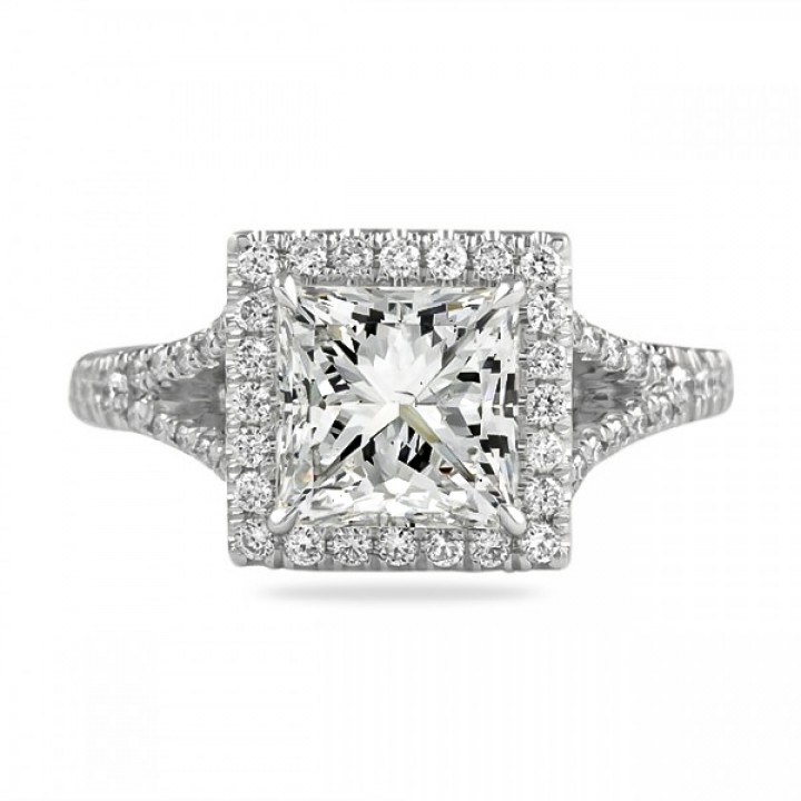 2.01ct Princess Cut Diamond Halo & Split Engagement Ring flat