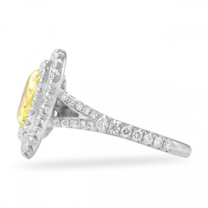1.00ct Fancy Intense Yellow Oval Diamond Double Halo Ring front view