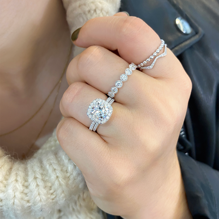 2.23 Carat Cushion Cut Lab Diamond Double Edge Halo Ring flat