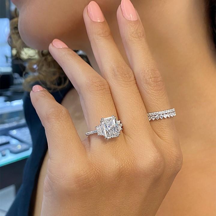 2.84 carat Radiant Cut Lab Diamond Three-Stone Engagement Ring flat