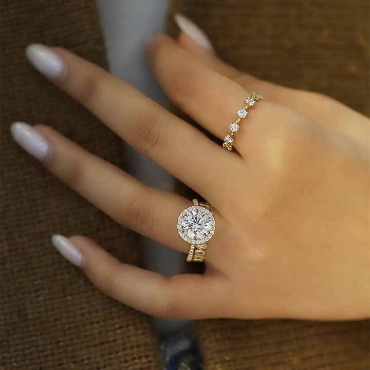 3.36 carat Round Lab Diamond Yellow Gold Halo Engagement Ring flat