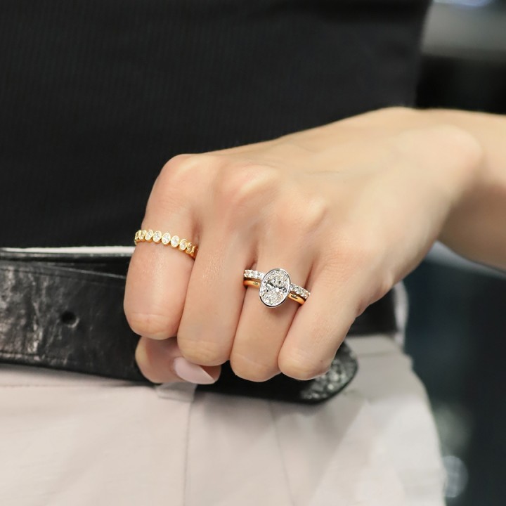 2.76 carat Oval Lab Diamond Bezel Set Pave Wrap Ring flat