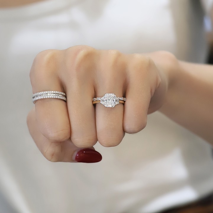 1.76 carat Radiant Cut Lab Diamond Double Prong Three-Stone Ring flat