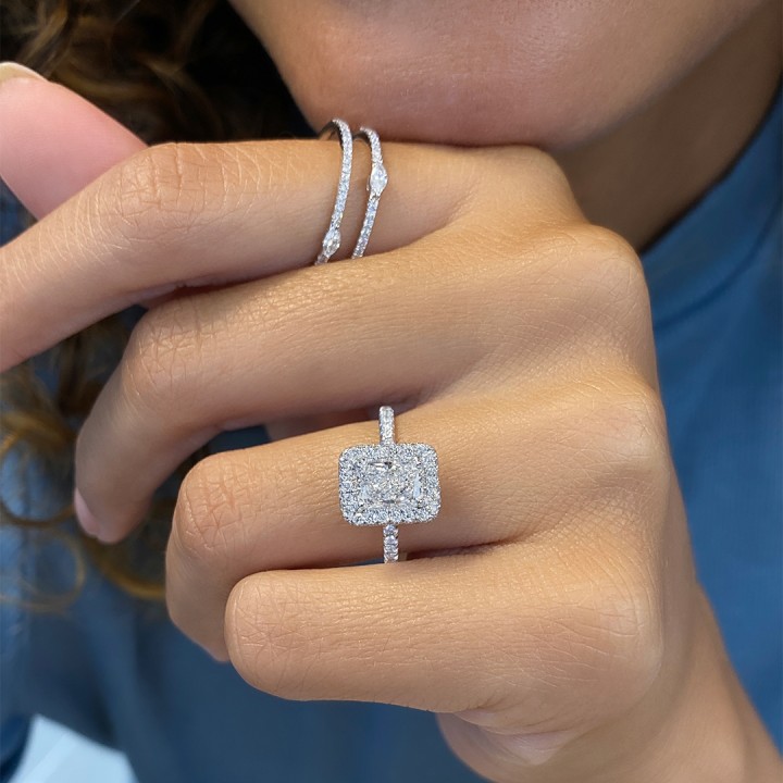 1.01ct Radiant Cut Diamond Soft-Edge Halo Engagement Ring flat
